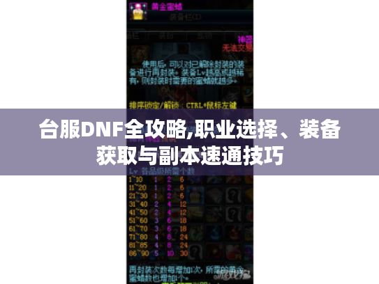 台服DNF全攻略,职业选择、装备获取与副本速通技巧 台服DNF全攻略,职业选择、装备获取与副本速通技巧